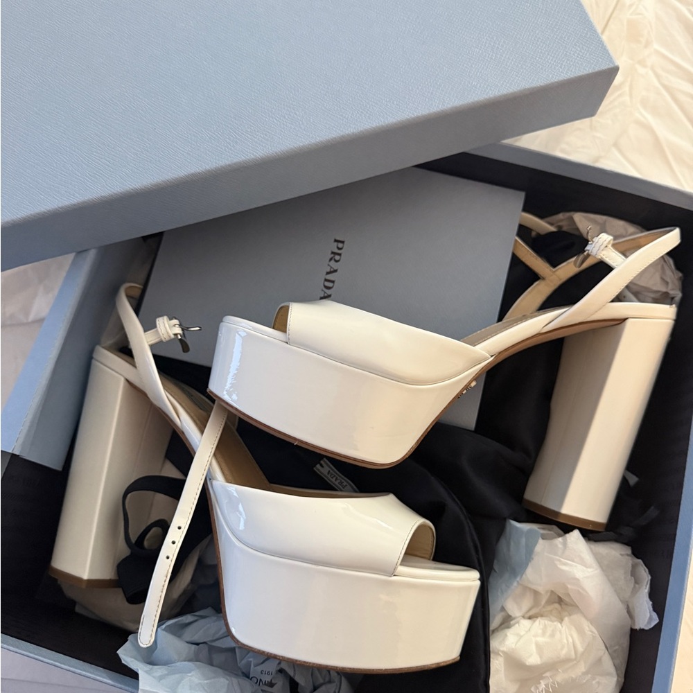 Prada White Patent Platform Sandal Heels